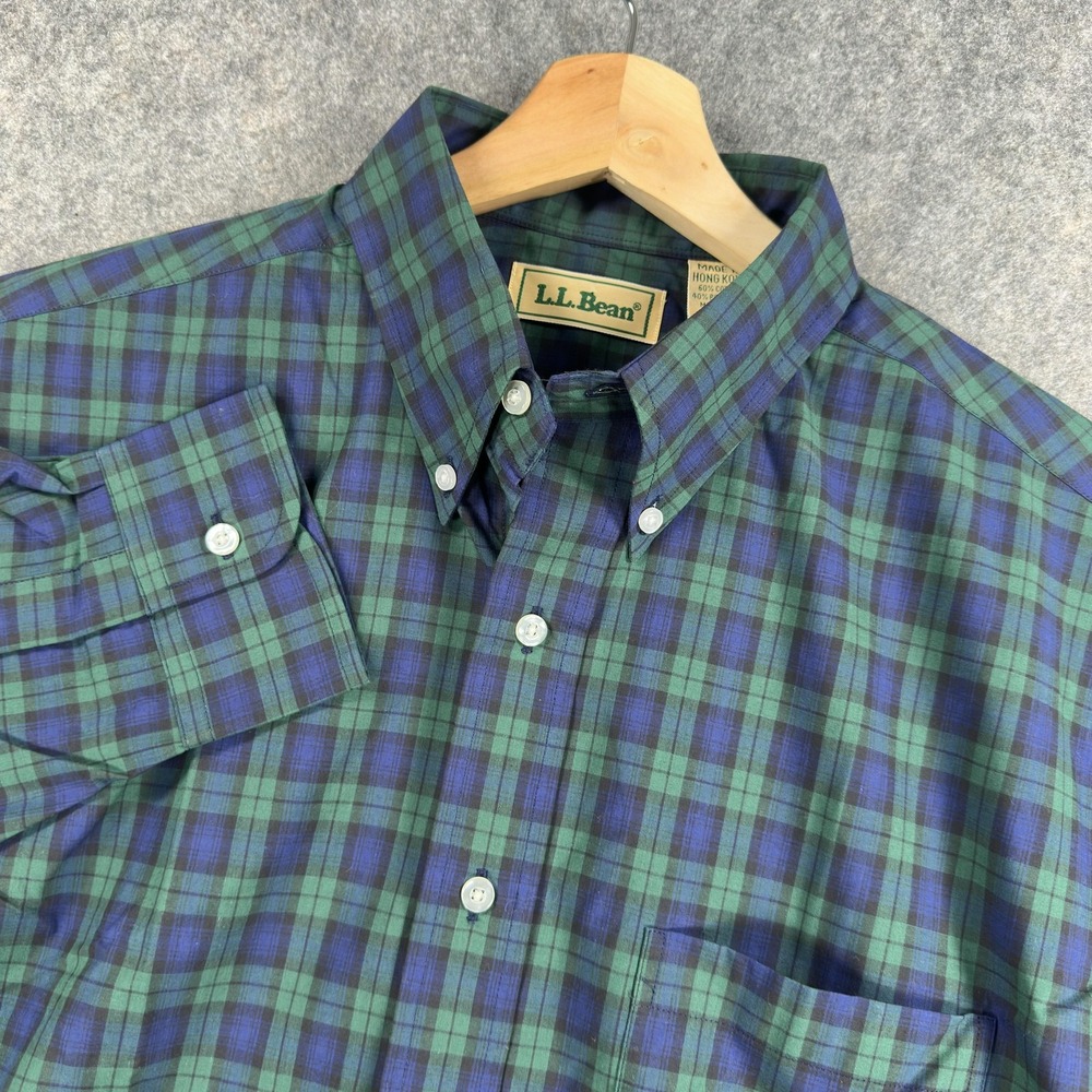 Vintage L.L.Bean Shirt Mens Medium Tall Green Blue Plaid Long Sleeve Button Down